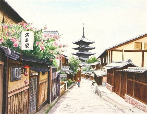 插画艺术                  日本hiroki 水彩日式建筑 日本的绘画和他