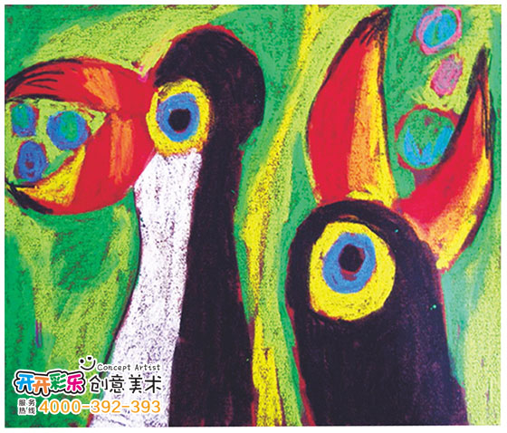 儿童画 －巨嘴鸟吃果子 - 开开彩乐创意美术